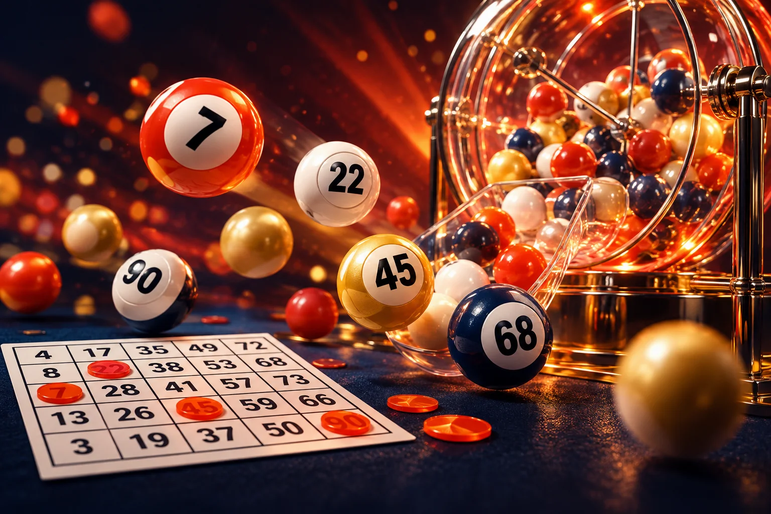 Numbered bingo balls tumbling from a lit draw machine in warm red tones