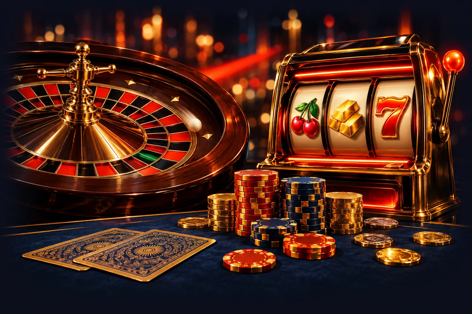 Roulette wheel and a golden slot cabinet glowing in red and navy casino light