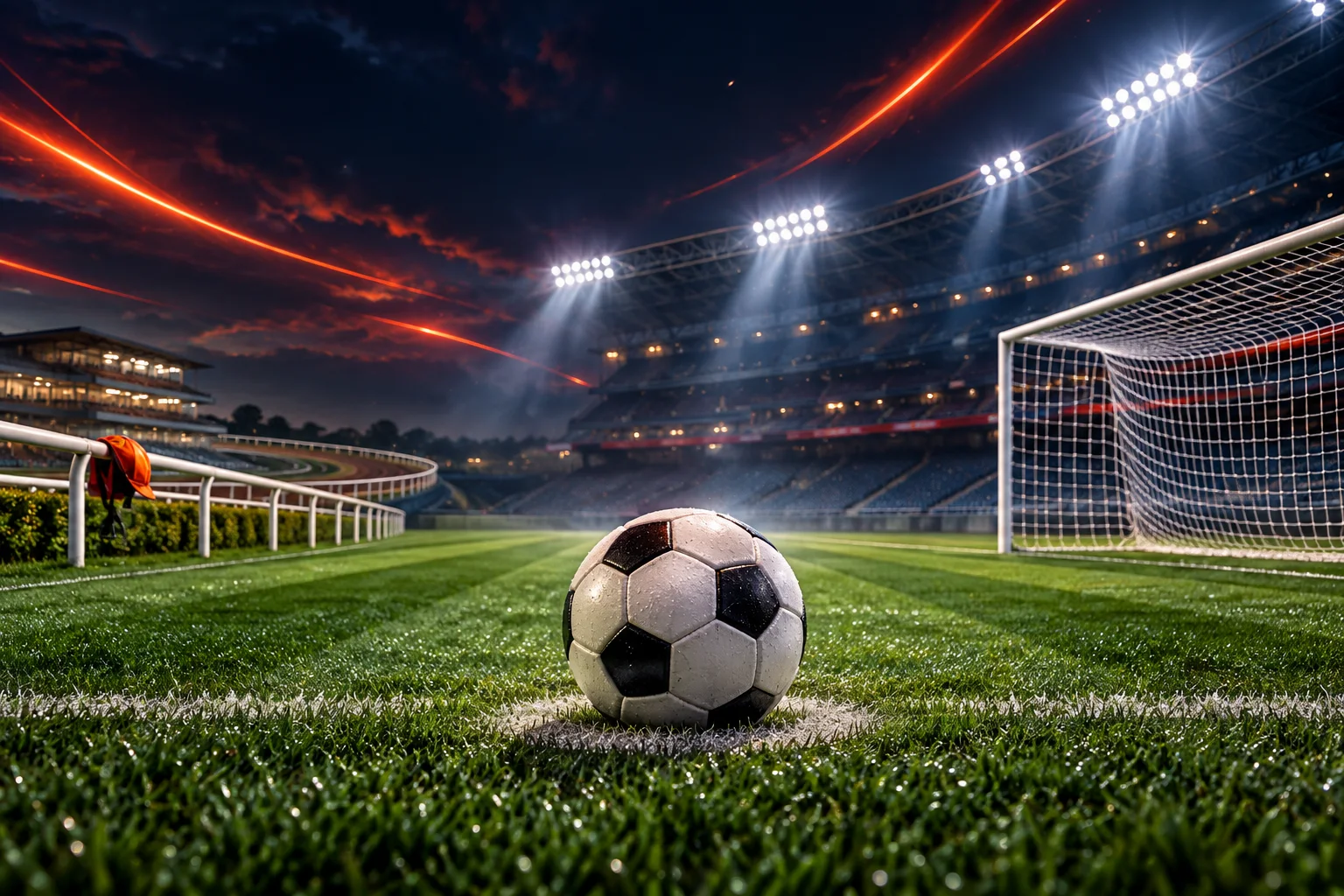 Floodlit football pitch with a match ball and racing silks in Betsuna red